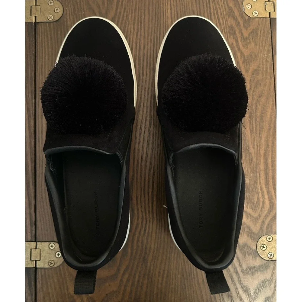 Tory Burch Pom Pom Silk Suede Platform Sneaker In Black Style‎ 141408 Size 9M